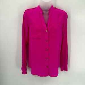 3/$15 C WONDER Silk Blouse Button Up Womens XS Pink Top Long Slv 100% Silk FLAWS